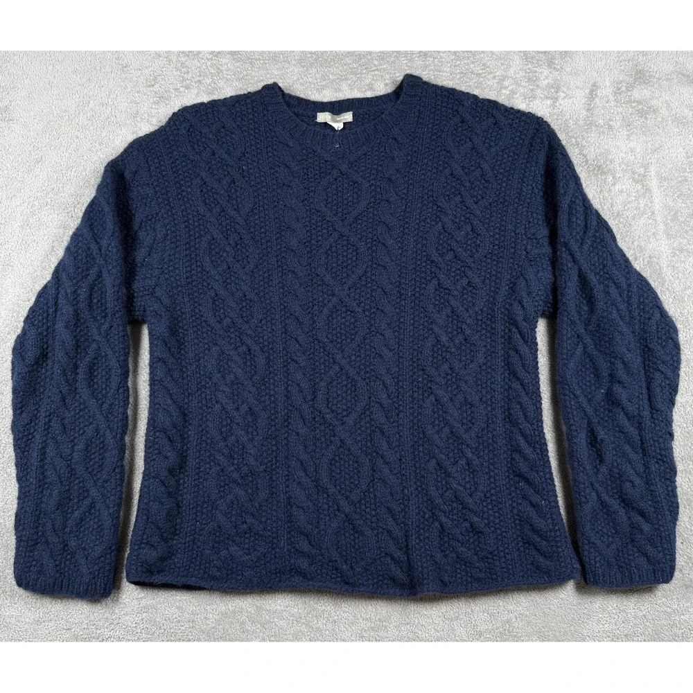 Vintage J Crew Mens Large Blue 100% Wool Cable Knit By Hand Pullover Sweater